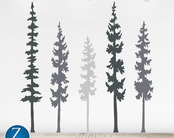 Tree Wall Decal Set: 5 Pine Tree Silhouette Vinyl Art