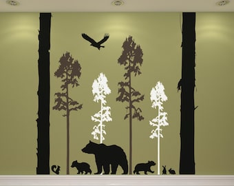 Woodland Animal Wall Decal: Bear Family, Forest Trees and Wildlife Silhouettes