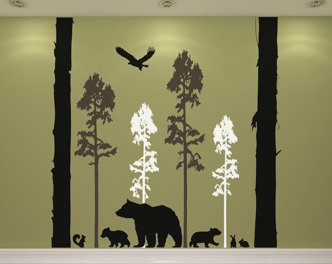 Woodland Animal Wall Decal: Bear Family, Forest Trees and Wildlife Silhouettes
