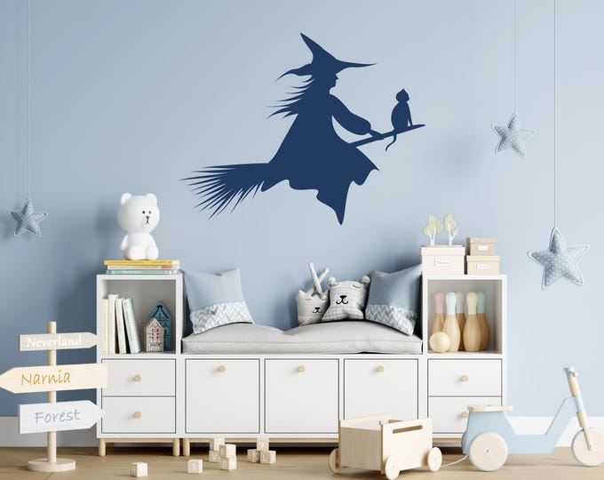 Flying Witch Silhouette Wall Decal – Halloween Cat Decor