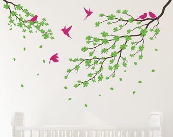 Bird and Branch Wall Decal: Cherry Blossoms with Pink Birds