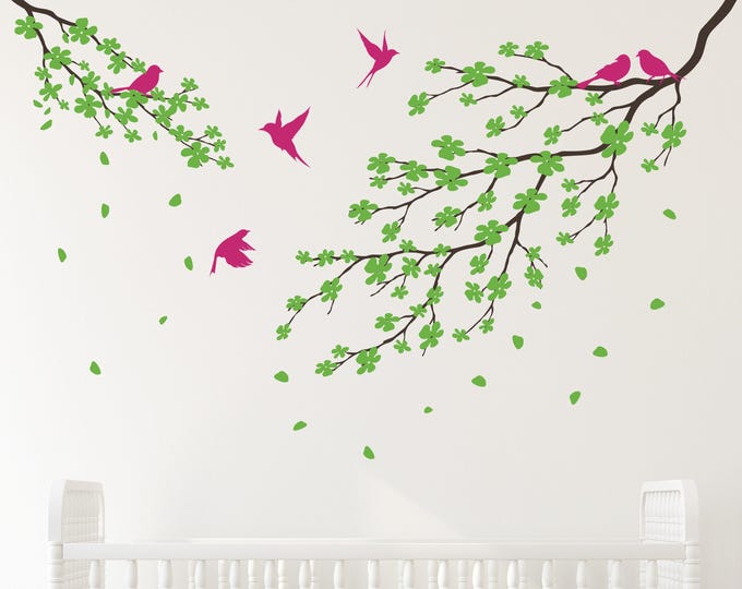 Bird and Branch Wall Decal: Cherry Blossoms with Pink Birds