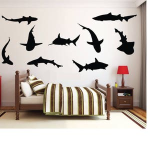 Shark silhouette 9 piece set, Ocean Predator Silhouette Wall Decals, Shark Vinyl Stickers, Underwater Theme Bedroom Decor, Shark Wall Art