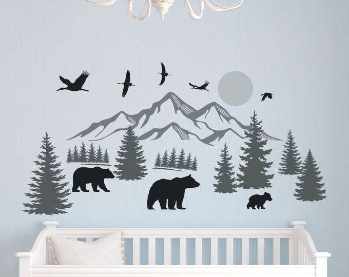 Woodland Nursery Wall Decal: Bears, Mountains, Pine Trees and Flying Geese
