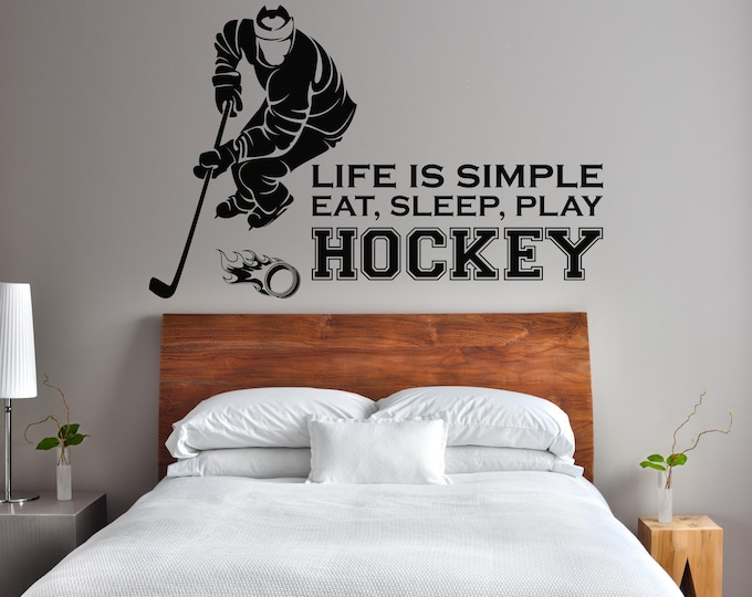Hockey Player Wall Decal: Life is Simple Eat Sleep Play Quote