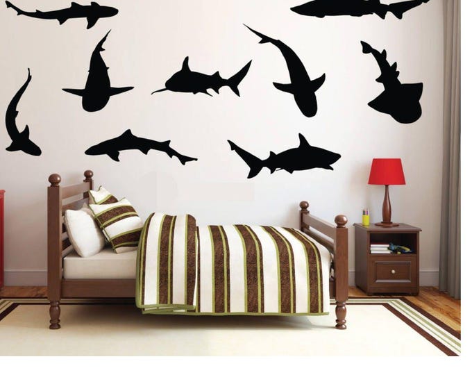 Shark Wall Decal Set: 9 Piece Ocean Silhouette Vinyl Art