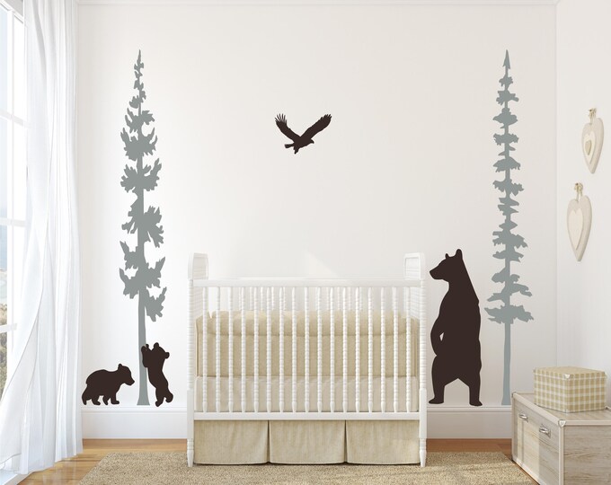 Bear Family Nursery Wall Decal – Woodland Forest Vinyl Sticker for Baby Room