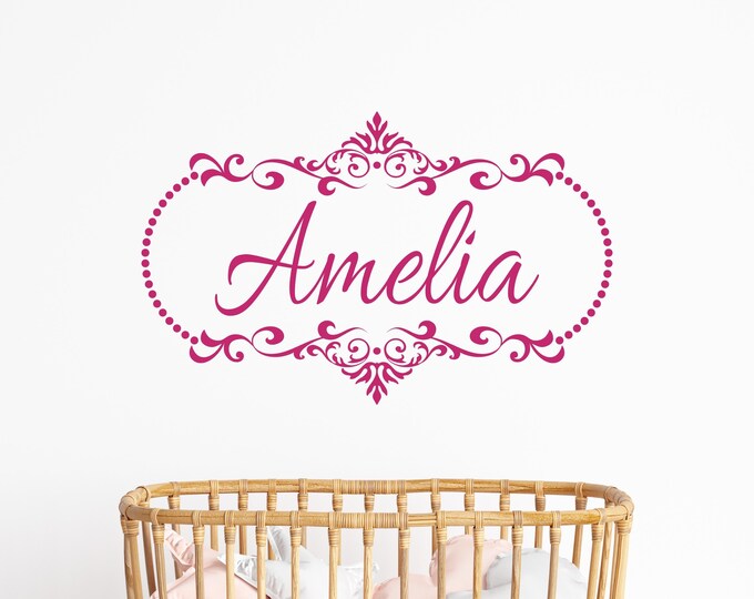 Personalized Name Wall Decal: Pink Script with Ornate Frame