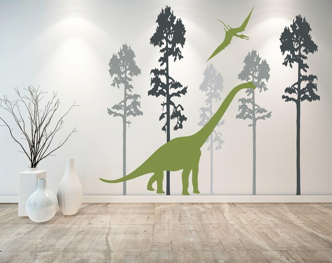 Dinosaur Forest Wall Decal: Sauropod Silhouette with Tree Decor