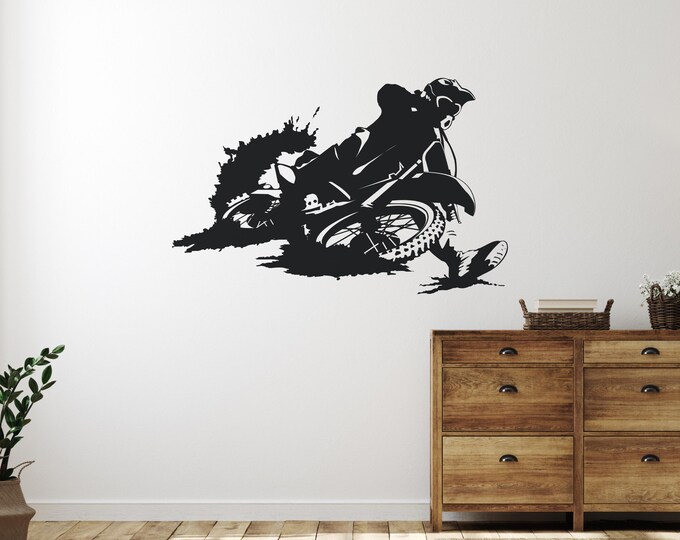 Dirt Bike Wall Decal: Black Vinyl Motocross Rider Decor