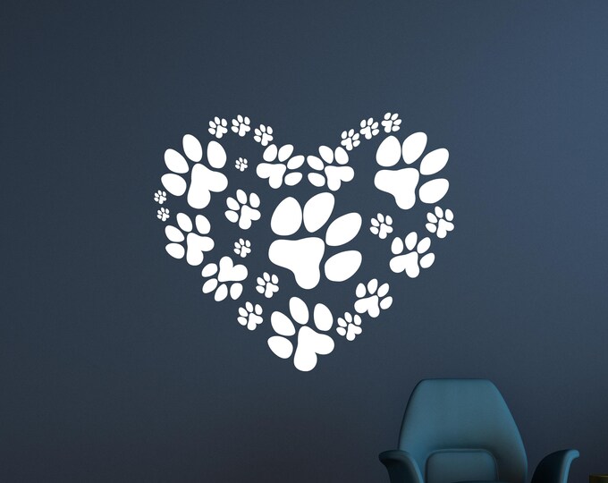 Paw Heart Decal, Removable Matte Vinyl Wall Sticker with Paw Print