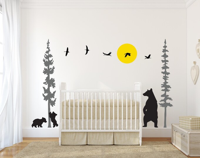 Bear Nursery Decal, Forest Animal Silhouette With Removable Matte Vinyl