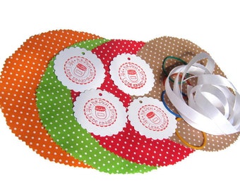 Jar cover bonnets - set for 4 jars "Polka Dots No.1" with satin ribbons and stamped gift tags.