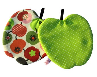 Two Pot Holders -Apples and green polka dots - Double Insulated Pot Holder Set of 2