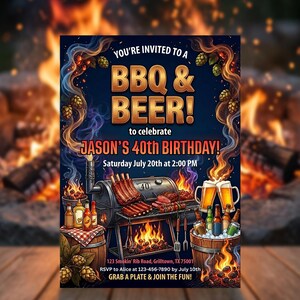 May include: A BBQ and Beer invitation with a dark blue background. The invitation features a barbecue grill with ribs, beer mugs, and bottles. Text includes "BBQ & BEER!" and "JASON'S 40th BIRTHDAY!"