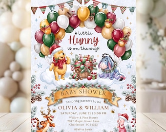 Christmas Hunny Baby Shower Invitation, Winter Holiday Bear Invite, Classic Storybook Theme, Gender Neutral, Canva Editable Template