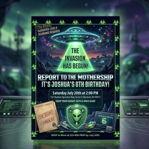 Alien Birthday Invitation, UFO Space Invasion, Area 51 Party Invite, Outer Space Secret Agent, Sci-Fi Birthday, Canva editable template