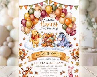 Fall Honey Bear Baby Shower Invitation, Pumpkin Little Hunny Invite, Autumn Storybook Theme, Gender Neutral, Canva Editable Template