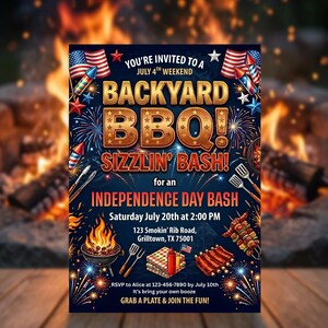 May include: A vibrant invitation for a Backyard BBQ Sizzlin' Bash for Independence Day. The design features fireworks, American flags, and BBQ-themed illustrations. The event is on Saturday, July 20th at 2:00 PM.