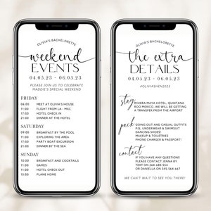 ELKE TEKST Digitaal reisplan voor gasten bewerkbaar schema vrijgezellenfeest duivin bruiloft tijdlijn tekst Evite-sjabloon Canva Instant Download