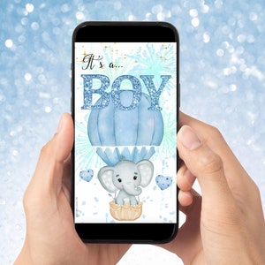 BOY Descarga instantánea Gender Reveal Tarjeta de video anuncio digital video / Texto de correo electrónico Redes sociales Globo Cuenta regresiva Fuegos artificiales