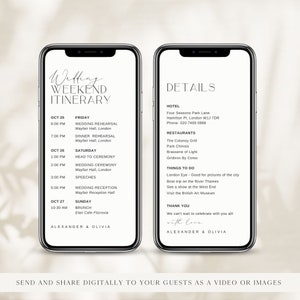 JEDER TEXT Digitaler Reiseplan für Gäste | Video Bild Bearbeitbarer Stundenplan Hochzeit Party Timeline Text Evite Vorlage Sofort Download