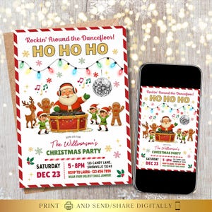 Könnte beinhalten: Eine Weihnachtsparty-Einladung mit festlichem Design. Die Einladung zeigt den Weihnachtsmann als DJ, umgeben von Elfen und Lebkuchenmännern. Der Text lautet "Rockin' Around the Dancefloor! HO HO HO" und enthält Party-Details.