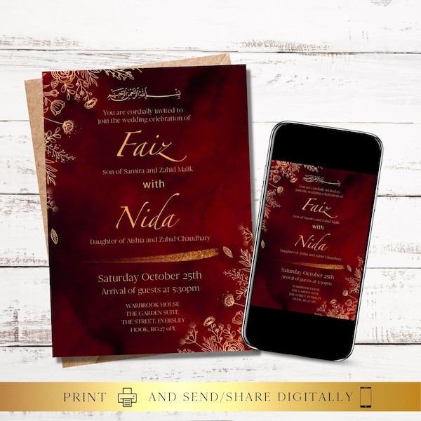 Elegant Red Gold Wedding Invitation, Digital and Printable Invite Editable Template | Instant Download