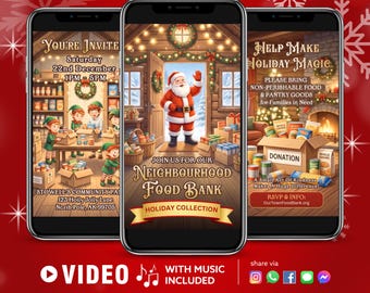 Neighborhood Food Bank Video Invitation, Holiday Pantry Collection Event Invite, Community Digital Evite, Canva Editable Template