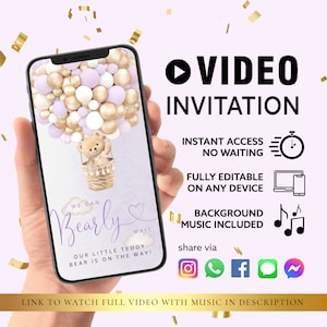 ELKE TEKST Uitnodiging babyshower | Lila paarse babybeer luchtballonnen babyshower | Canva Self Edit-video direct downloaden