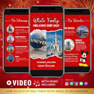 QUALSIASI TESTO Itinerario di viaggio per famiglie a Orlando Video invito animato con musica / Canva Auto modifica Download immediato