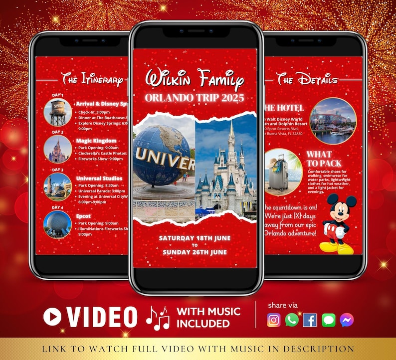 May include: Three smartphones displaying a red-themed itinerary for a family's Orlando trip in 2025. The itinerary includes park visits, hotel details, and packing suggestions. The image includes a video link.