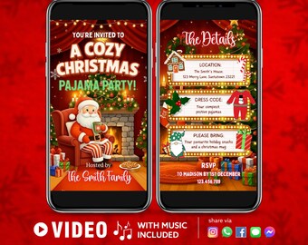 Invitación para fiesta de pijamas navideña con Papá Noel / Cumpleaños navideño infantil / Descarga instantánea editable en Canva