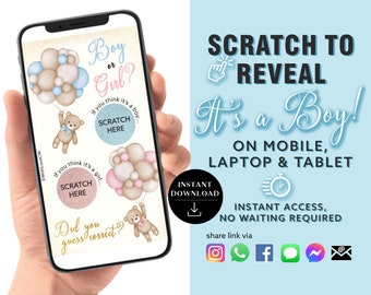 BOY Instant download Gender Reveal Digital Scratch card digital announcement | Email Text Social Media Bear Balloons