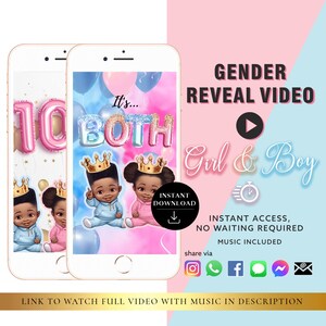 TWINS Descarga instantánea Gender Reveal Tarjeta de video anuncio digital video / Texto de correo electrónico Redes sociales Globo Cuenta regresiva Fuegos artificiales