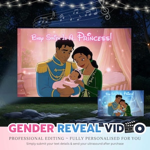 Puede incluir: Una ilustración digital que muestra a una persona con uniforme militar azul y a otra con vestido verde sosteniendo a un bebé envuelto en una manta rosa. El texto Baby Smith Is A... Princess! aparece arriba en letra cursiva blanca.