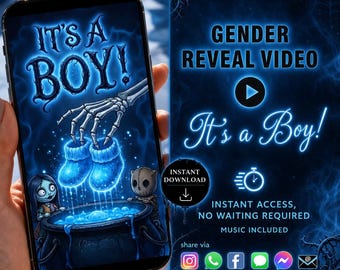 Boy Gender Reveal Video Invitation, Little Nightmare Halloween Announcement, Gothic Spooky Baby Due, Blue Smoke Reveal - Instant Download