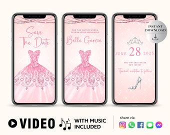 ANY TEXT Quinceañera Prom Bridal Shower Invitation Animated Pink Glitter | Save The Date Party | Custom Editable Video Instant Download