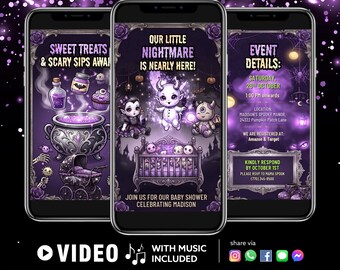 Our Little Nightmare Baby Shower Video Invitation, Animated Cute Monster Mobile Evite, Spooky Purple Gothic Party, Canva Editable Template