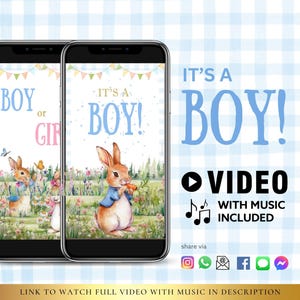 NIÑO Descarga instantánea Video de revelación de género ¡Es niño! Conejito adorable Video tarjeta de anuncio digital Video / Correo electrónico Mensaje de texto Cuenta regresiva para redes sociales
