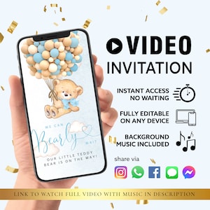 QUALSIASI TESTO Invito per festa di baby shower / Baby shower con palloncini blu per neonato / Tema orso / Video con download immediato di Canva modificabile autonomamente