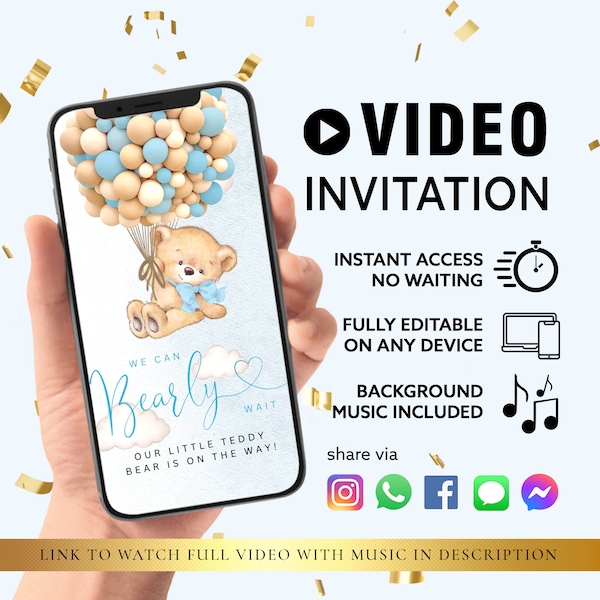 ANY TEXT Baby Shower Party Invitation | Blue Baby Boy Air Balloons Baby Shower | Bear Theme | Self edit Instant Download video