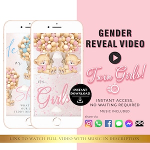 TWIN GIRLS Descarga instantánea Gender Reveal Tarjeta de vídeo anuncio digital video / Correo electrónico Texto Redes sociales Globo Cuenta regresiva Confeti