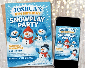 Snowplay Snowman Snowball Birthday Christmas Party Invite | Festive Holiday Theme | Digital & Printable | Instant Download