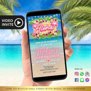 Könnte beinhalten: Eine Videoeinladung zu einer 16. Geburtstagsfeier mit Luau-Thema. Die Einladung zeigt eine tropische Strandszene mit dem Text "Aloha" in Pink und einem Blumenkranz. Der Text "Madison's 16th Birthday" ist in Pink und Weiß. Die Einladung enthält Datum, Uhrzeit, Ort und RSVP-Informationen.