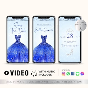 ANY TEXT Quinceañera Prom Bridal Shower Invitation Royal Blue Glitter | Save The Date Party | Instant Editable Video Instant Download