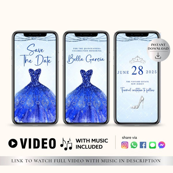 ANY TEXT Quinceañera Prom Bridal Shower Invitation Royal Blue Glitter | Save The Date Party | Custom Editable Video Instant Download