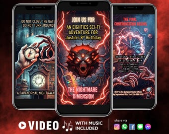 Retro Eighties Sci-Fi Video Invitation, Upside Down Birthday Mobile Evite, Neon Red Arcade Party, Scary 80s Horror, Canva Editable Template