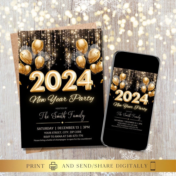 N'IMPORTE QUEL TEXTE 2024 Invitation à la fête du Nouvel An, modèle modifiable d'invitation numérique et imprimable | Téléchargement instantané