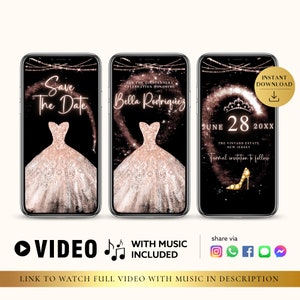 ANY TEXT Quinceañera Prom Bridal Shower Invitation Rose Pink Gold Glitter Save The Date Party | Canva Self Edit Video Instant Download CW06